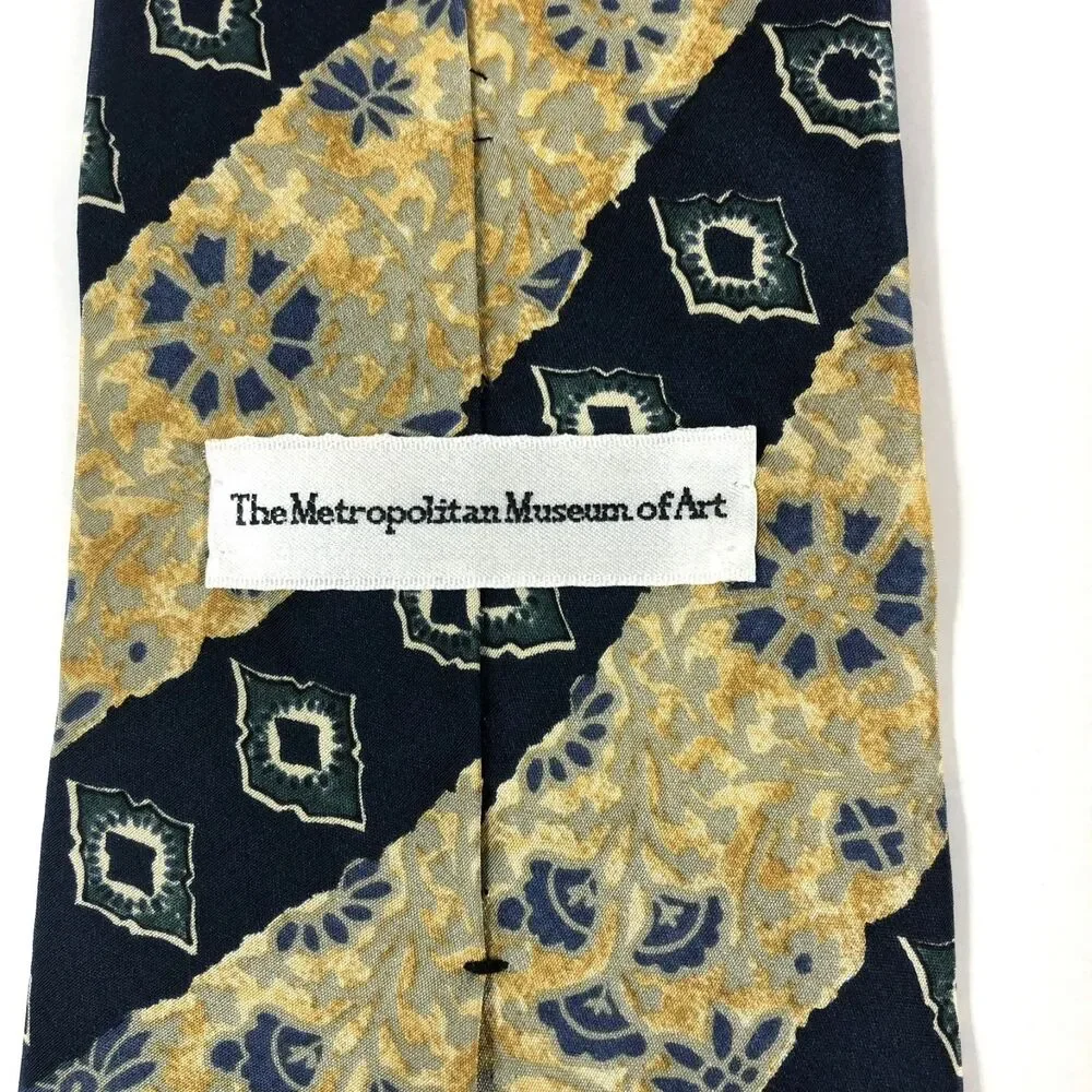 Metropolitan Museum of Art Silk Tie Vtg Blue Gold Geometric Pattern Made Canada